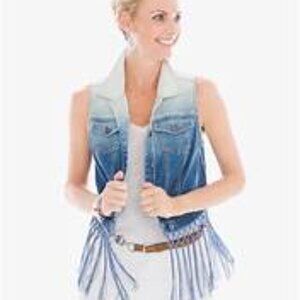 Chico's Denim Boho Fringe Cowgirl Vest Womens S Button Down 2 Pocket Blue Jacket